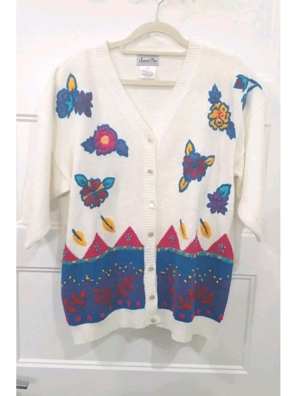 Vintage 90s Embroidered Floral Cardigan Summit Place Large Ivory Button Sweater